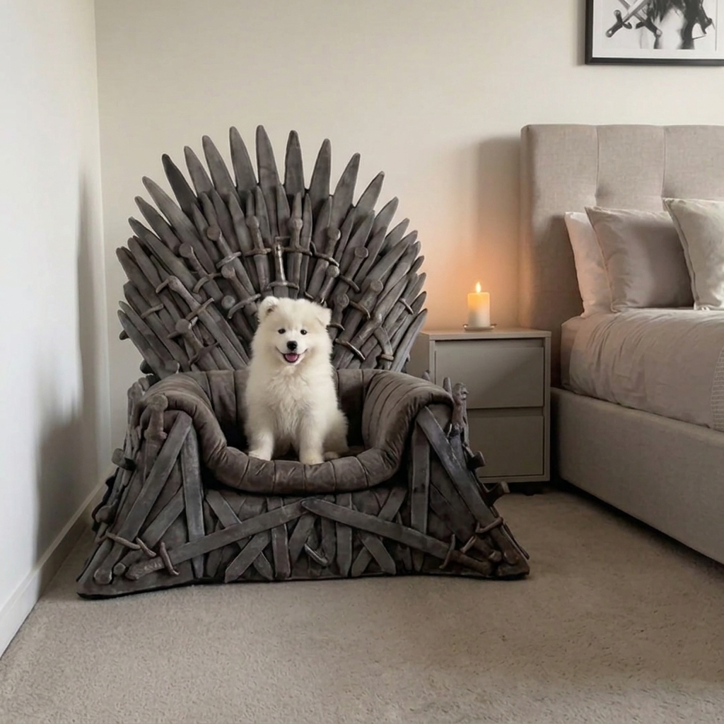 White puppy sitting on a sword throne pet bed in a bedroom