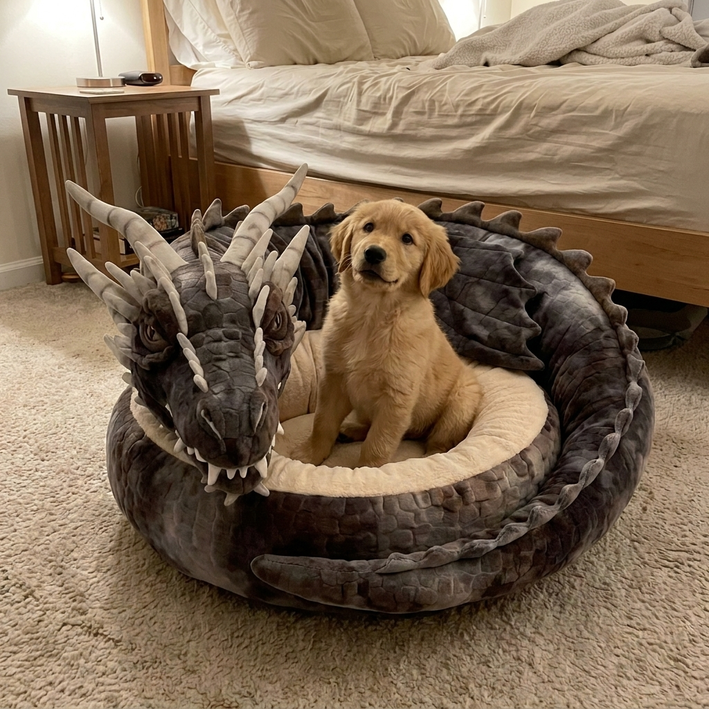 Golden retriever puppy sitting in a grey dragon shaped pet bed